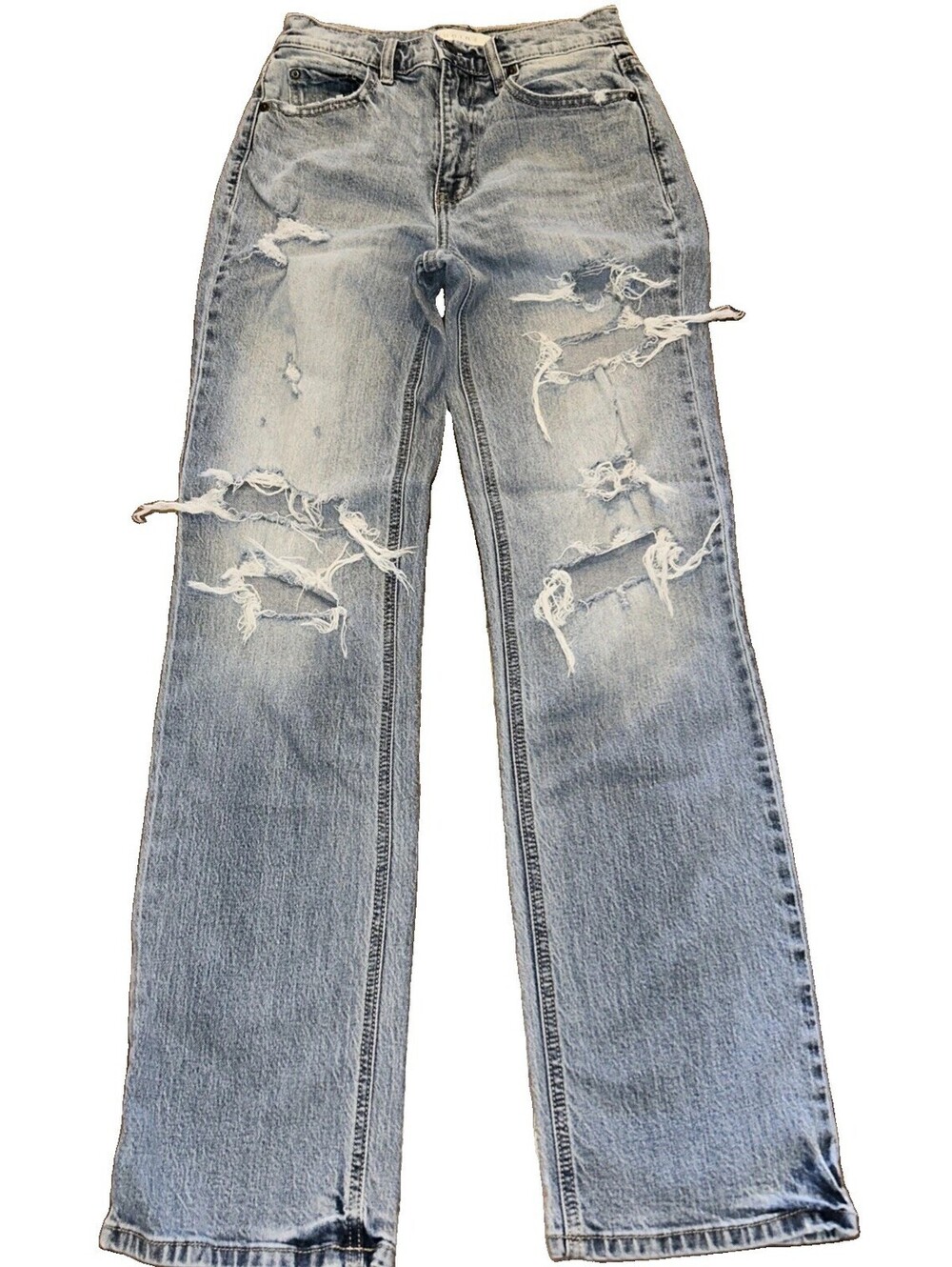 Distressed Dad Jeans Womens 0 Eunina Super High Rise Straight Leg Light Wash